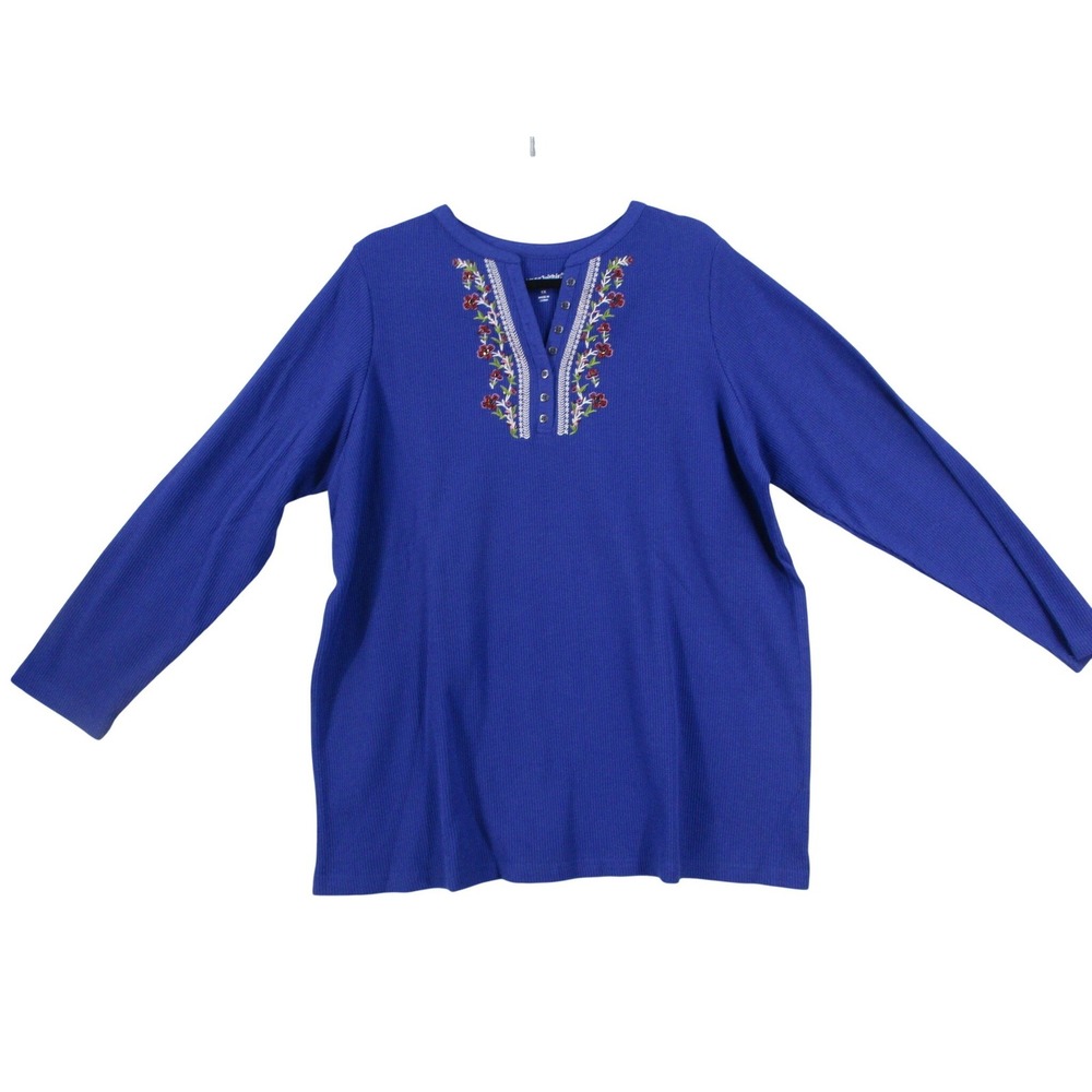 Woman Within Womens 1X Blue Waffle Knit Henley Floral‎ Embroidered Thermal Top